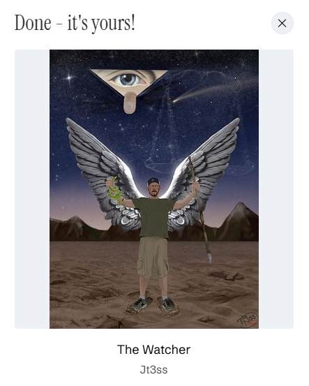 A screenshot of a digital art piece titled "The Watcher" by "Jt3ss," showing a man with large angel wings holding a snake and a plant, with an all-seeing eye in the sky above.