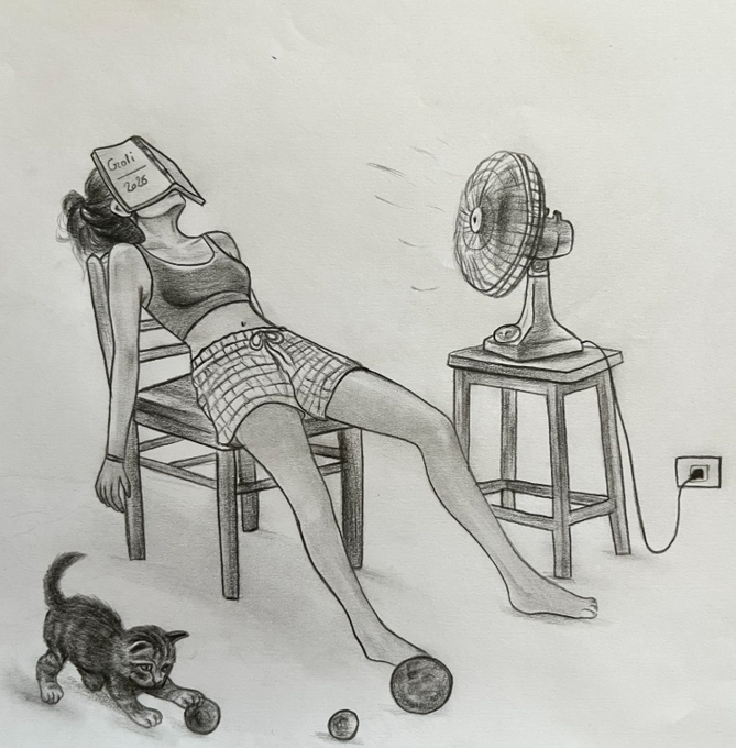 A pencil sketch depicting a woman relaxing in a chair with a book covering her face (labeled 'Goals 2026'), while a small cat plays with a ball near her feet and an electric fan blows nearby.
