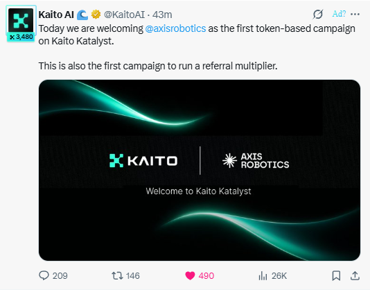 A tweet from Kaito AI (@KaitoAI) announcing that @axisrobotics is the first token-based campaign on Kaito Katalyst and the first to run a referral multiplier.