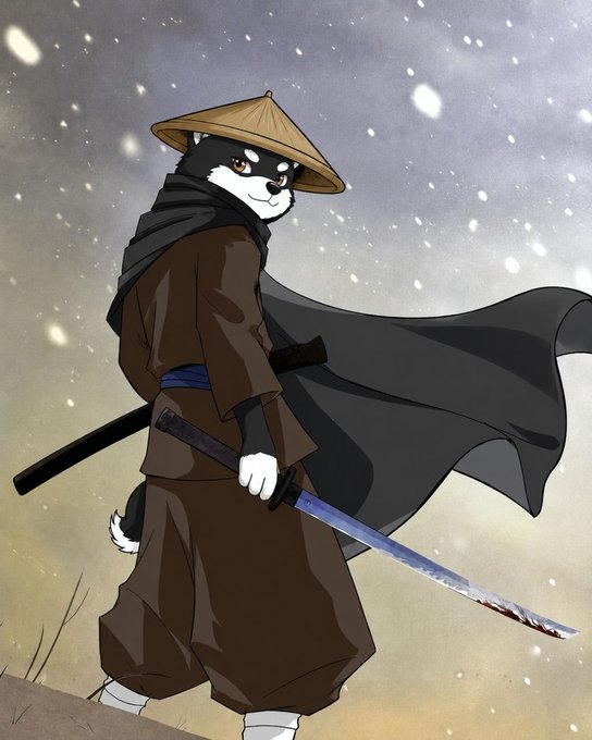 The image features a cartoon character dressed as a ninja, holding a sword and wearing a hat. The character appears to be ready for battle or an adventure. The background of the image shows snow falling, creating a wintery atmosphere that complements the overall theme of the image.