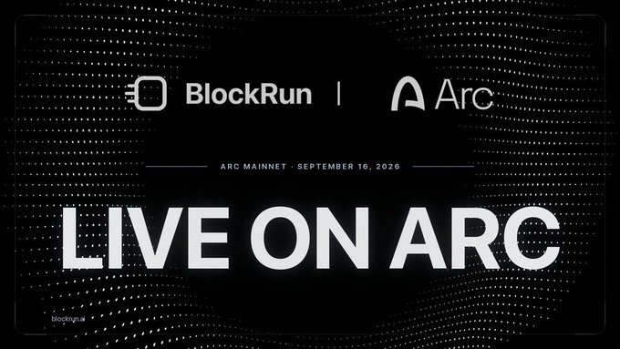 A black promotional graphic with a dotted pattern displays the "BlockRun" and "Arc" logos at the top, along with the text "ARC MAINNET · SEPTEMBER 16, 2026," and the bold headline "LIVE ON ARC," announcing BlockRun's launch on the Arc network for pay-per-call USDC payments designed for AI agents.