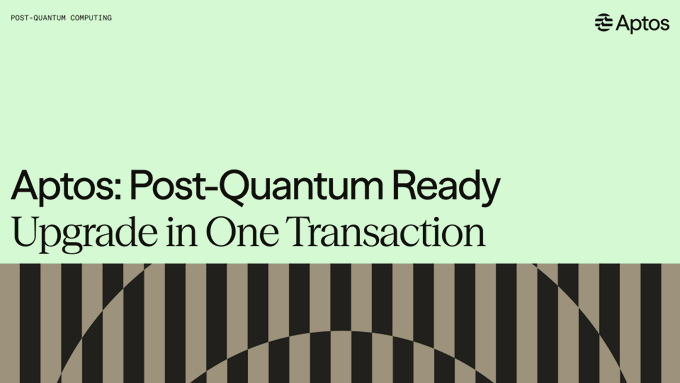 A promotional graphic for Aptos titled "Aptos: Post-Quantum Ready Upgrade in One Transaction," set against a black and tan striped archway background, announcing the blockchain's quantum-resistant upgrade capability with no wallet changes or fund migrations required, as recognized by Coinbase's Quantum Advisory Board.