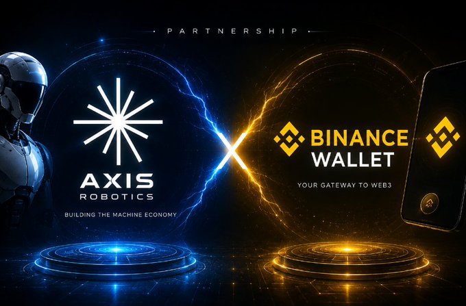 Promotional graphic announcing a 'PARTNERSHIP' between AXIS ROBOTICS ('BUILDING THE MACHINE ECONOMY') and BINANCE WALLET ('YOUR GATEWAY TO WEB3'), featuring a robot figure on the left and a Binance Wallet phone on the right with electric blue and gold effects.