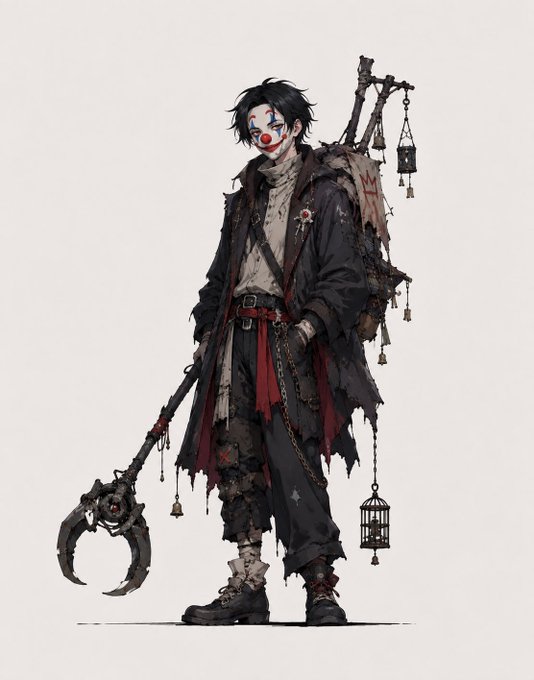 An anime-style character illustration depicts a pale figure with dark hair, clown-like face paint, and a tattered dark coat, carrying a large spiked weapon and a lantern.