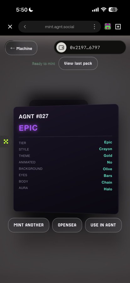 A screenshot of mint.agnt.social shows an NFT called "AGNT #827" with Epic tier, Crayon style, and Gold theme featuring Bars eyes, Chain body, and Halo aura. The tweet caption suggests the poster is celebrating successfully minting this Epic-tier NFT after struggling with the site, noting the current 0.37 ETH ($920) floor price and their $2,800 total investment.