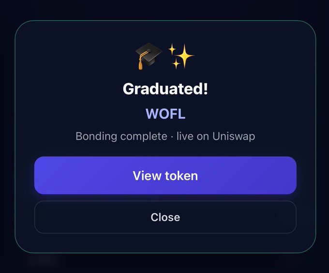 A "Graduated!" notification for a token called "WOFL" indicates that its bonding curve is complete and it's now live on Uniswap — visually confirming the degens' successful transition from the bonding phase on Mooneth.fun to a live Ethereum trading pair.
