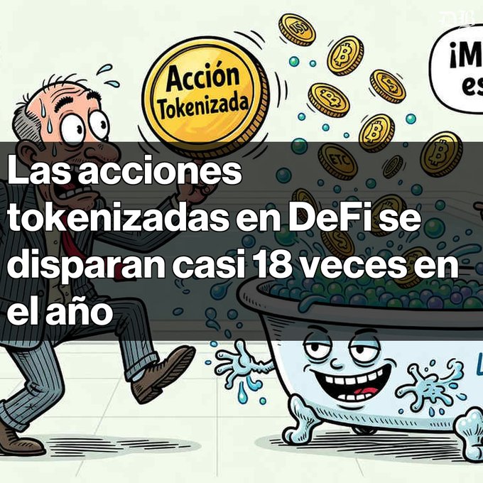 A cartoon illustration of a sweating, panicked man holding a golden coin labeled 'Acción Tokenizada' while a smiling bathtub filled with coins and water chases him; the text overlay reads 'Las acciones tokenizadas en DeFi se disparan casi 18 veces en el año'.