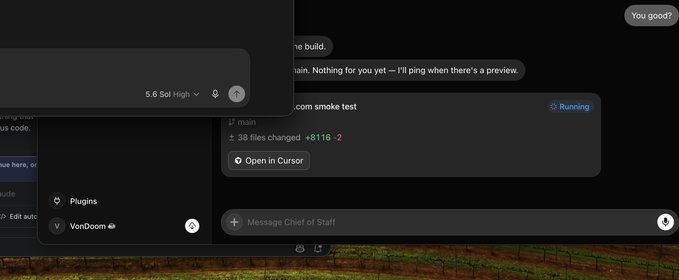A dark-themed chat interface shows a build preview notification with "5.6 Sol · high" highlighted alongside a "com smoke test" running status and file change counts showing "+8116 -2" modified files, with an "Open in Cursor" button. The image relates to the post by showcasing active development work with the @cursor_ai coding platform, while the Sol 5.6 reference and running test align with the post's mention of running SOL 5.6 and mapping out game mechanics.