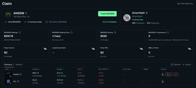 A crypto trading interface shows a "$ANSEM" claim page by user @ripchilpill on the Bangers platform, displaying a holding of $591.74 (2.8M tokens) with a $591.74 position. The platform tracks $ANSEM token trades alongside SOL positions, aligning with the post's announcement of sending out $ANSEM tokens to participants.