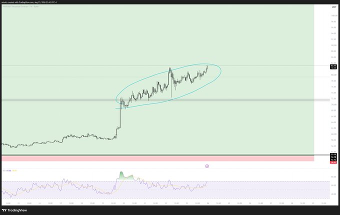 The image shows a TradingView chart of "Hype" (likely $HYPE) with a blue ellipse highlighting a period of sideways price consolidation that the post refers to as "upwards accumulation," alongside an RSI indicator below suggesting bullish momentum building for a potential breakout toward 3-digit price levels.