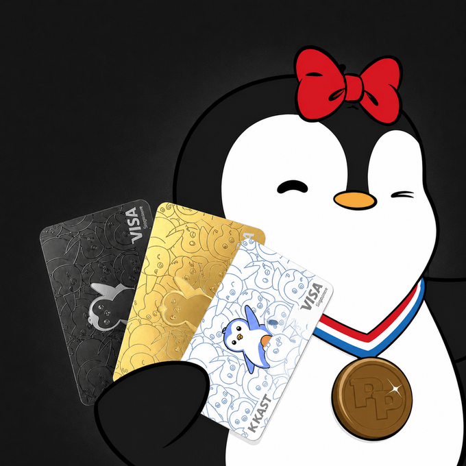 Illustration of a penguin character wearing a red bow, blue-white-red ribbon, and a gold 'P' medal, holding three Visa Signature KKAST credit cards in black, gold, and white designs.