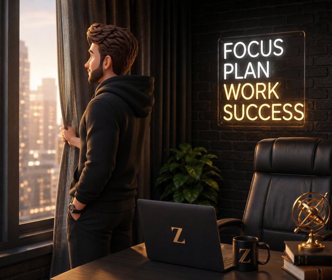A 3D rendered office scene with a person looking out a window, featuring a neon sign reading 'FOCUS PLAN WORK SUCCESS' and items branded with the letter 'Z'.