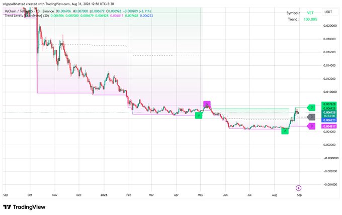 A TradingView candlestick chart for the VET/USDT pair on Binance, showing a downward trend in the 4-hour timeframe from September through early 2026.
