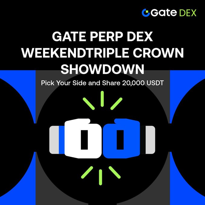 The image features a poster for an event related to Bitcoin trading, the Gate Perp DEX weekend triple crown competition. The title of the poster is "Gate Perp DEX Weekend Triple Crown Weekdown", which reads that the event is focused on the weekend triple crown and offers three different camps with prize money. One camp is called "Pick Your Side and Share 20,000 USDT". The main attraction of this camp is a boxing ring where two boxing gloves are displayed, symbolizing the fighting competition between Bitcoin trading sides, represented by the blue and white gloves.