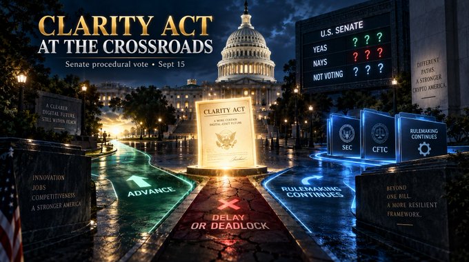 A dramatic political illustration titled 'CLARITY ACT AT THE CROSSROADS' depicts the U.S. Capitol building at night, with a three-way split path labeled 'ADVANCE', 'DELAY OR DEADLOCK', and 'RULEMAKING CONTINUES', alongside a U.S. Senate vote board.