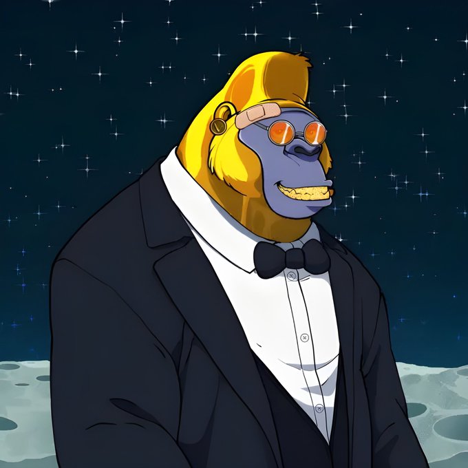 A cartoon gorilla in a tuxedo with orange sunglasses stands against a starry night sky, fitting the post's new profile pic announcement for the Web3 NFT fighting game MVA Fight Club on VeChain. The image appears to be a stylized character fitting the gaming/NFT theme being promoted.