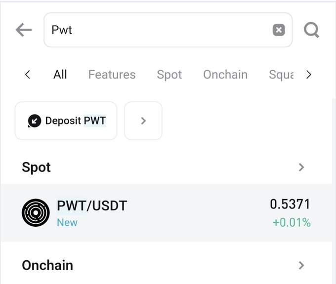 A mobile app screenshot showing a cryptocurrency exchange search for 'Pwt', displaying the PWT/USDT spot trading pair at a price of 0.5371 with a +0.01% change.