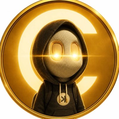 The image shows a gold coin-style emblem featuring a hooded figure with glowing yellow eyes and a pendant marked with the "C" logo, matching the "$CATE" cryptocurrency token mentioned in the post, with the golden color symbolizing the "good luck" sentiment referenced.