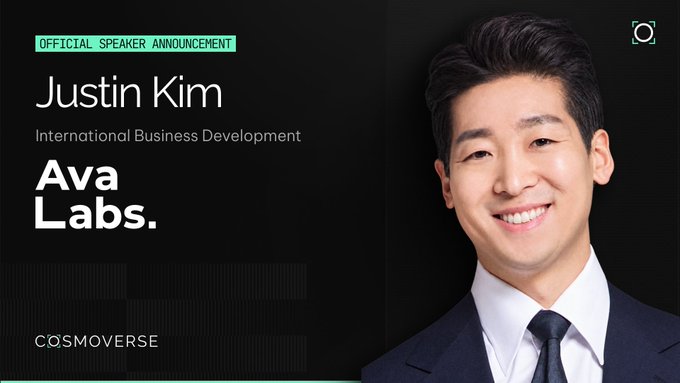 An official speaker announcement for Justin Kim of International Business Development at Ava Labs, presented by CosmoverSe.