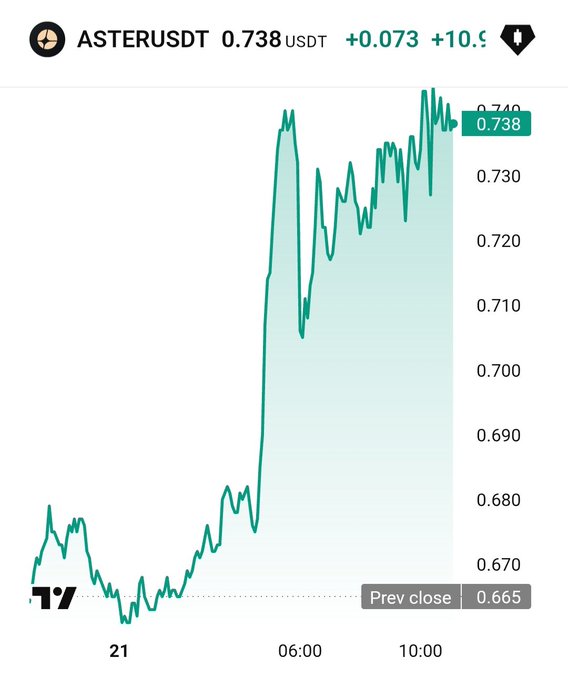 A cryptocurrency price chart displays ASTERUSDT trading at 0.738 USDT, up +0.073 (+10.9%), with a green line showing a sharp upward trend from a previous close of 0.665.