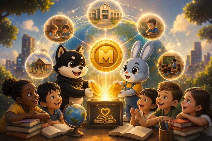 The image shows a Shiba Inu dog and a rabbit mascot exchanging a gold "M" coin above a treasure chest, surrounded by happy children studying with books, a globe, and educational scenes like schools and classrooms in glowing bubbles. It visually represents the MAMEbnb project's charitable initiative, illustrating how the 2% token supply donation supports children's education and learning globally, aligning with the post's message about funding that helps many children.