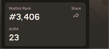 A dark dashboard panel shows a Waitlist Rank of #3,406 and an AURA balance of 23, with a share icon in the corner. The post highlights an AURA distribution from BulkTrade, and the image visually represents the user's current waitlist standing and modest AURA holdings.