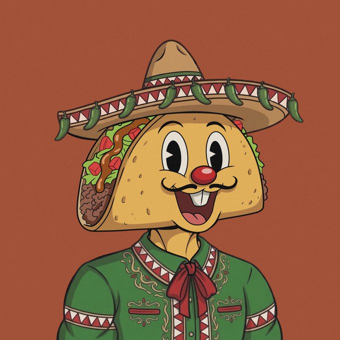 A cartoon illustration of an anthropomorphic taco character with a mustache, wearing a green Mexican charro outfit and a sombrero decorated with chili peppers, against an orange background.