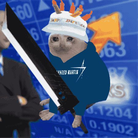 A meme featuring a cat with a crown wearing a blue 'LINKED MARTIN' shirt, holding a sword over a stock chart background.