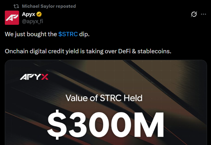 In the image, there's an infographic that promotes the sale of StRC (Stricter Trading) as a cryptocurrency. The infographic showcases a visual representation of the price for StRC and includes text that emphasizes its value compared to other cryptocurrencies like Bitcoin. It also mentions that it was bought at $300m by @saylor nano sized sell and @apyx_fi, implying they are taking advantage of this new asset class.