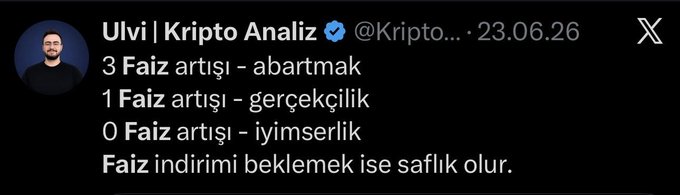 A tweet from "Ulvi | Kripto Analiz" dated 23.06.26 reads: "3 Faiz artışı - abartmak, 1 Faiz artışı - gerçekçilik, 0 Faiz artışı - iyimserlik. Faiz indirimi beklemek ise saflık olur." (Translation: "3 rate hikes - exaggeration, 1 rate hike - realism, 0 rate hikes - optimism. Expecting a rate cut would be naivety.") The image illustrates the post's point by showing a crypto analyst arguing that markets should brace for rate hikes rather than cuts, countering the prevailing assumption—echoing the poster's skepticism—that political pressure from midterm elections would force the Fed to cut rates.