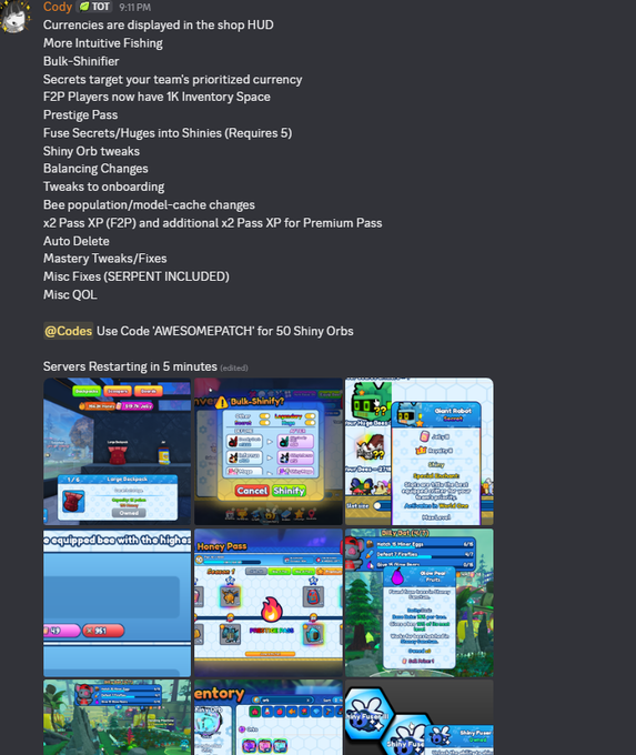 A Discord screenshot from user 'Cody' at 9:11 PM listing patch notes including 'Currencies are displayed in the shop HUD,' 'Bulk-Shinifier,' 'Prestige Pass,' and other updates, accompanied by several game screenshots and the code 'AWESOMEPATCH' for 50 Shiny Orbs.