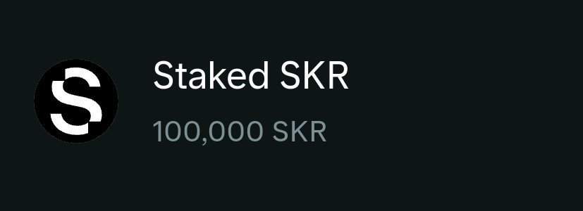 A simple dark-themed graphic displaying 'Staked SKR' with a balance of '100,000 SKR' next to a stylized 'S' logo in a black circle.