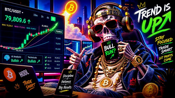 A stylized crypto trading graphic featuring a skeleton in sunglasses and gold chains with text including 'BTC/USDT', 'TREND IS UP!', 'BULL RUN?', 'STAY FOCUSED', 'HODL', and 'TRADE SMART'.
