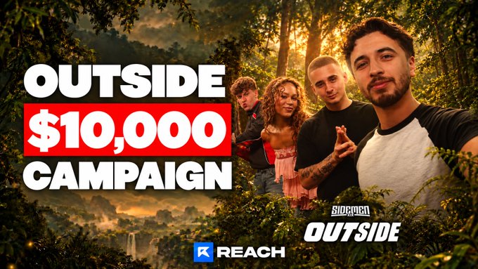 A YouTube thumbnail displays four people in a jungle setting alongside bold text reading "OUTSIDE $10,000 CAMPAIGN" and logos for "REACH" and "SIDEMEN OUTSIDE".
