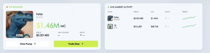 A cryptocurrency trading platform showing 'FEFER' coin with $1.46M market cap at $0.001485 price, alongside live market activity for $FEFER and $13 tokens.