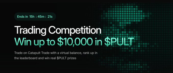 The promotional image for the Catapult Trade paper trading competition highlights a $10,000 prize pool in $PULT for traders who top the leaderboard. It includes a countdown timer showing the competition ends in 15 hours, 45 minutes, and 21 seconds. The design reinforces the post's message of a free, risk-free trading tournament where participants use virtual balances to compete for real $PULT rewards.