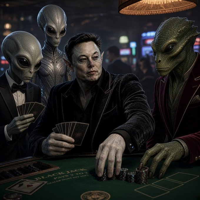 A digital artwork depicts Elon Musk sitting at a blackjack table flanked by two aliens, holding cards with poker chips stacked on the green felt marked "BLACKJACK PAYS 3 TO 2."