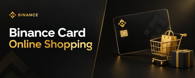 A Binance-branded promotional banner featuring a black credit card with the Binance logo and gold chip, displayed alongside a golden shopping cart and gift box against a dark background. The text reads "BINANCE," "Binance Card," and "Online Shopping," visually reinforcing the post's message about using the Binance Card for simple online purchases.