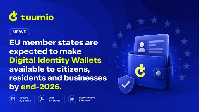A Tuumio news graphic states that EU member states are expected to make Digital Identity Wallets available to citizens, residents and businesses by end-2026, highlighting secure, user-controlled, and interoperable features.