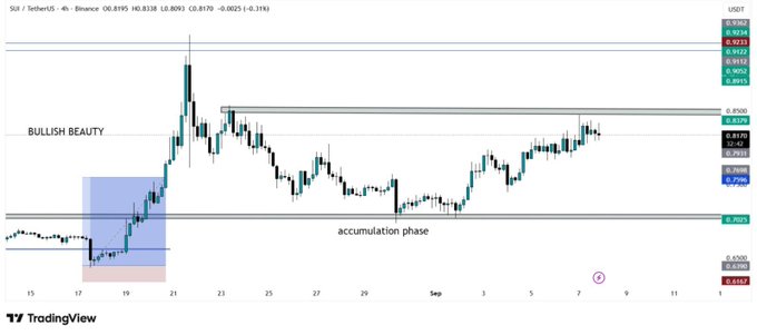TradingView’s 4-hour SUI/USD chart shows price rebounding from the $0.70 accumulation zone to roughly $0.81, with “BULLISH BEAUTY” and resistance near $0.84–$0.85 ahead of a potential move toward $0.90–$0.92.
