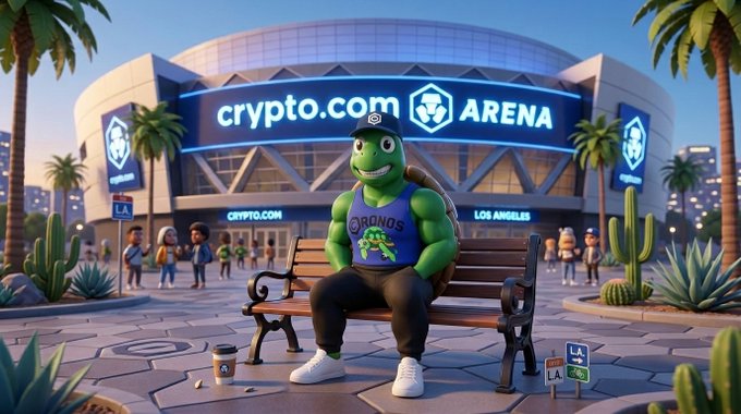 An illustration of an anthropomorphic turtle character wearing sunglasses, a baseball cap, and a "Torinos" basketball jersey, sitting on a bench in front of the Crypto.com Arena.