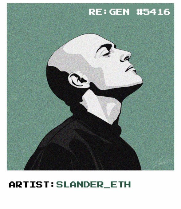 A pixel-art style illustration labeled 'RE:GEN #5416' by artist 'SLANDER_ETH', depicting a bald person in a black turtleneck looking upward against a muted green background.