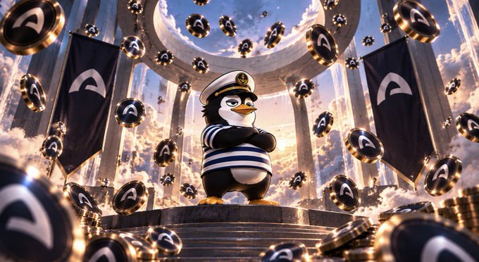 A penguin wearing a sailor's outfit and hat stands on a pedestal surrounded by floating golden tokens marked with the letter 'A' and black banners in a heavenly, cloud-filled setting.