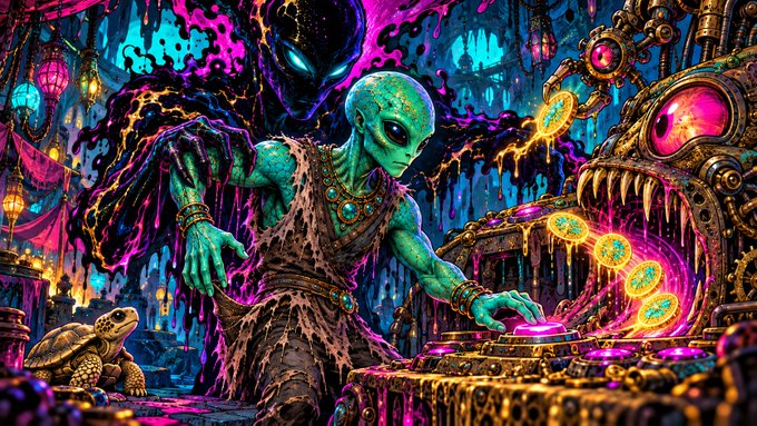 A glowing green-skinned alien gambler places bets on a chaotic, neon-lit gaming table surrounded by a menacing shadowy specter and grotesque mechanical creatures, with a lone tortoise watching from the corner. The vivid psychedelic scene—filled with reckless risk and lurking doom—visually mirrors the caption's warning about markets draining your wallet when ego drives repeat, self-destructive bets.