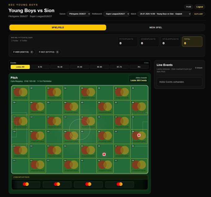 A German-language sports betting dashboard for BSC Young Boys vs Sion on 26.07.2026, displaying a pitch view with pitch mapping and various event tabs.
