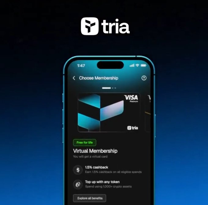 The image shows a cell phone with an app displayed, which appears to be related to virtual currency or cryptocurrency. The app has a blue background and features information about joining a virtual currency platform called @useTria. This app allows users to explore all benefits of using virtual currency in one place without having to switch between different contexts. It also provides details on how to join the platform, including the amount needed for joining and the fees involved. The image is related to the post because it promotes the idea that joining a virtual currency platform like @useTria can simplify the process of exploring and using cryptocurrency by providing all necessary information in one place.