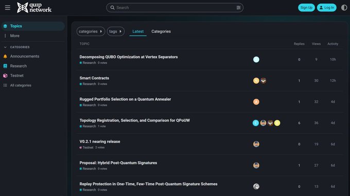 A screenshot of the Qupp Network forum showing the "Latest" topics page, including research discussions on "Decomposing QUBO Optimization at Vertex Separators" and "Smart Contracts."