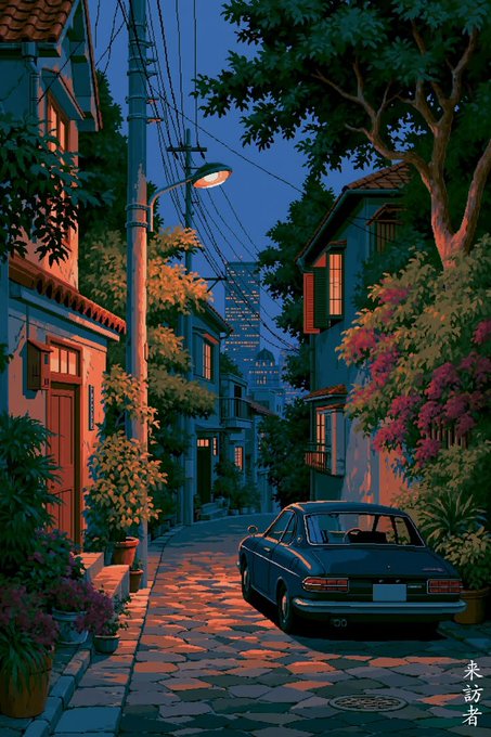 A stylized anime-style illustration of a twilight city alleyway featuring a parked dark blue car, glowing street lamps, potted plants, lush foliage, and a distant cityscape visible at the end of the cobblestone path.