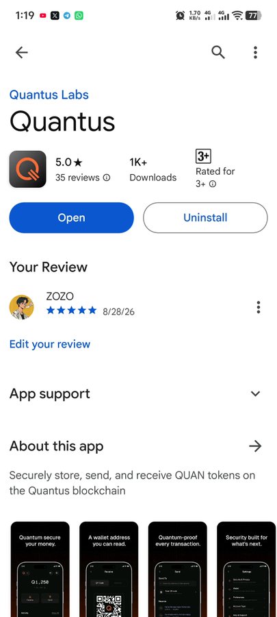 A Google Play Store listing for the 'Quantus' app by Quantus Labs, rated 5.0 stars with 1K+ downloads, used to store QUAN tokens.