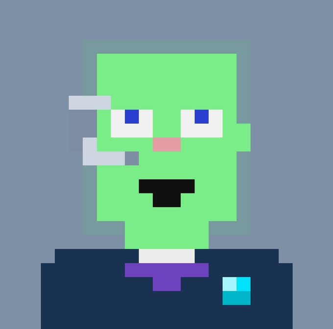 A pixel-art portrait of a green-skinned character with red eyes, wearing a dark gray suit and purple tie, smoking a cigarette against a plain gray background.